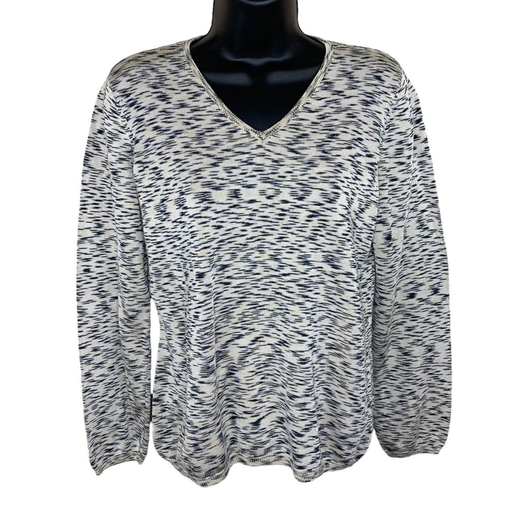 Liz Claiborne Beige Black V Neck Knit Sweater Long Sleeve Stretch Medium